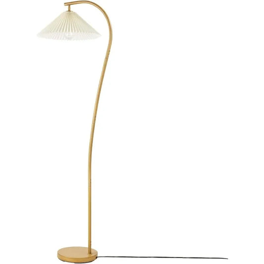 62" Floor Lamp, Faux Wood Finish, White Pleated Fabric Shade, Pivot Joint on Shade, Black Cord, Reading Lamp