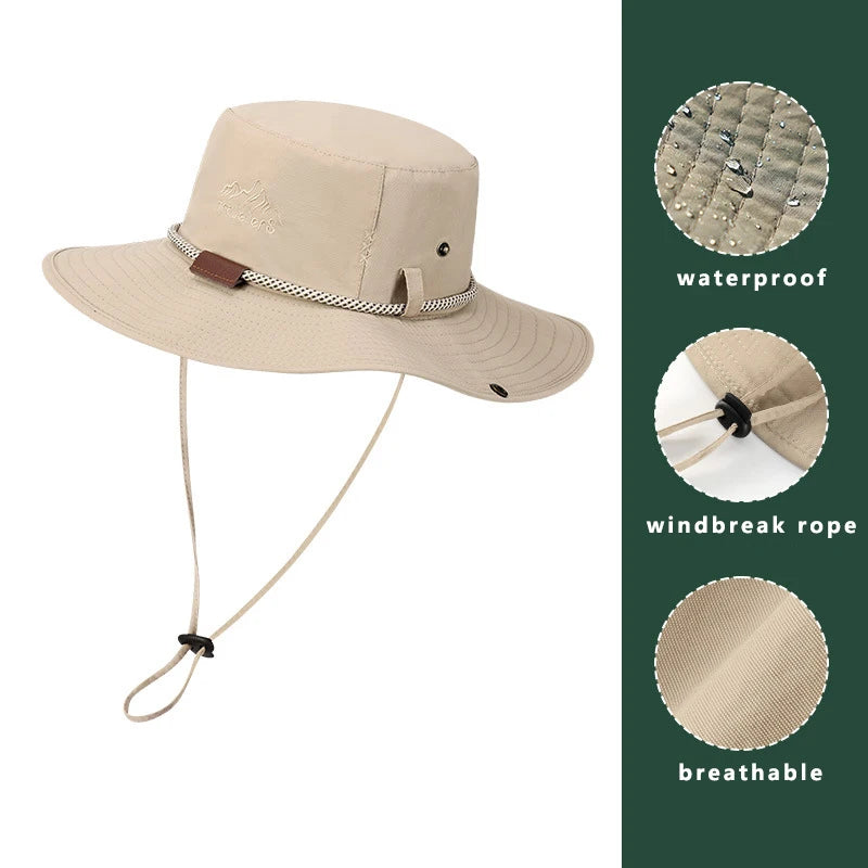 Men Bucket Hat Letter Embroidery Leather Label Cowboy Hat Waterproof Outdoor Hiking Fishing Cap Light 8cm Brim Anti-UV Sun Hat