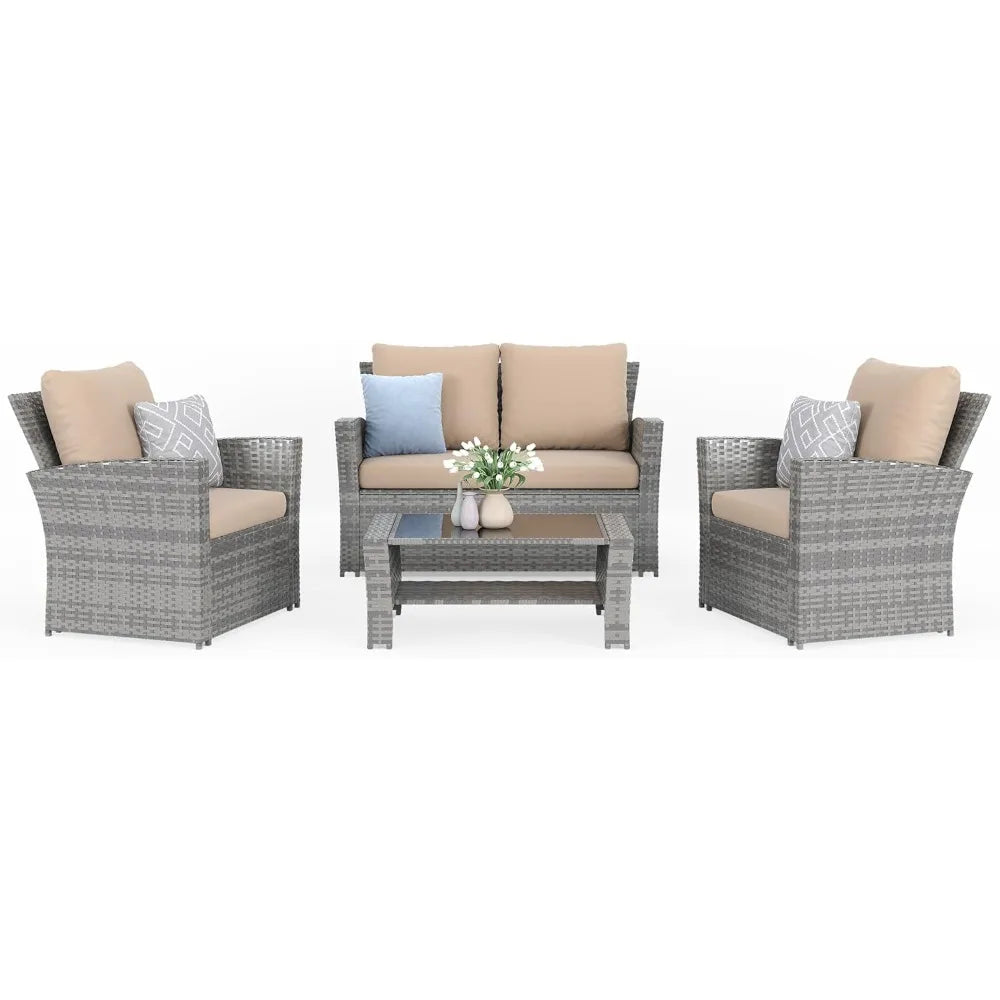 4 Pieces Outdoor Patio Furniture Set,Wicker Sectional Sofa Outdoor Patios Set Rattan Patios Furniture, Patio Conversation Sets