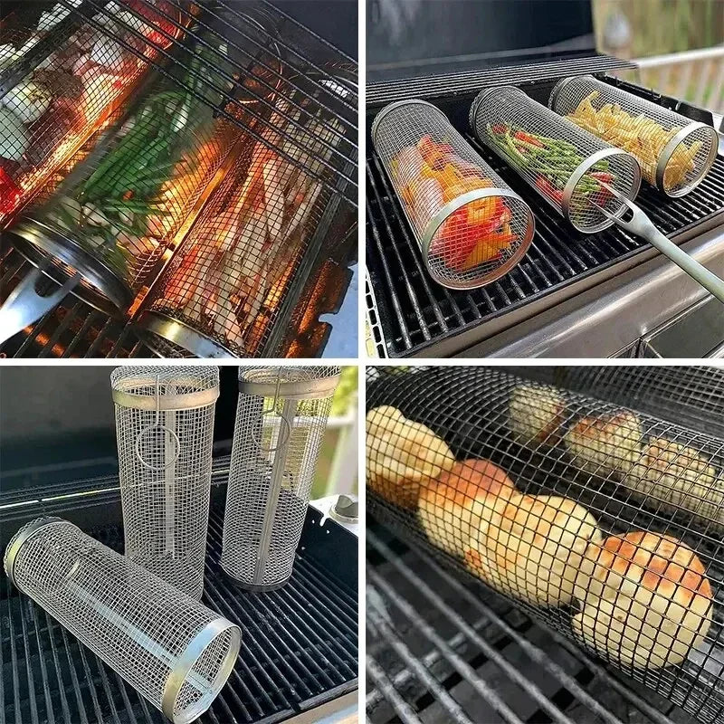 Stainless Steel BBQ Grill Basket Wire Mesh Cylinder Portable Round Grill Basket Barbecue Rack Outdoor Camping fumigator tasty