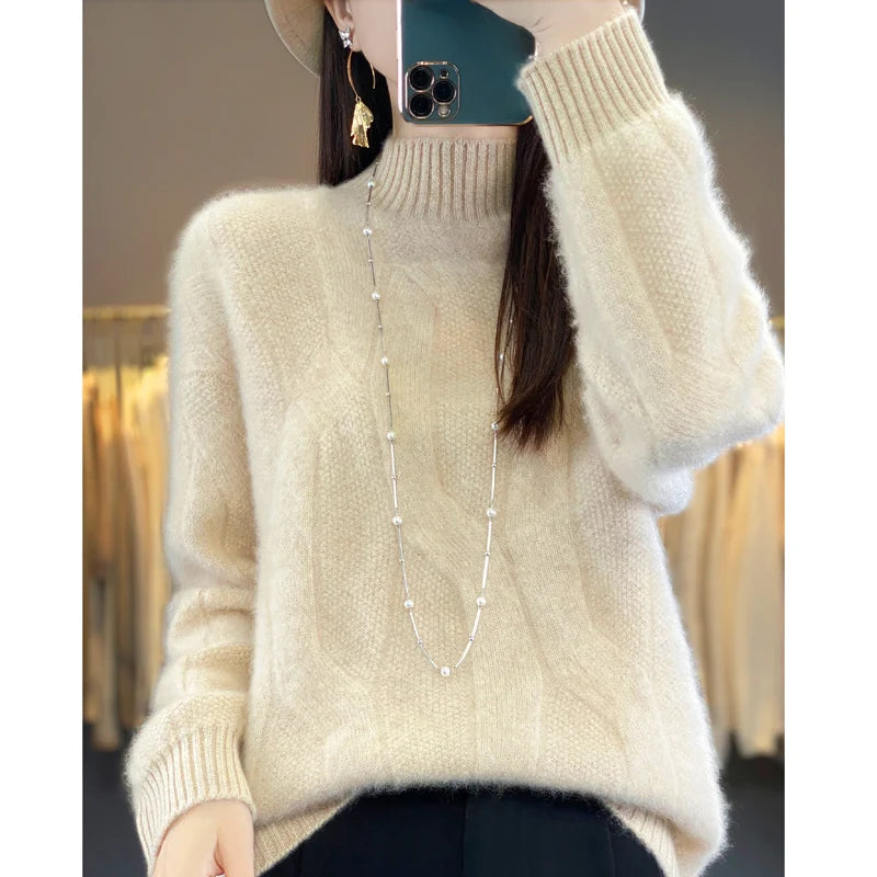 Women's pullovers fall/winter high-quality soft 100% merino wool sweater with half high neck and thick cashmere sweater top