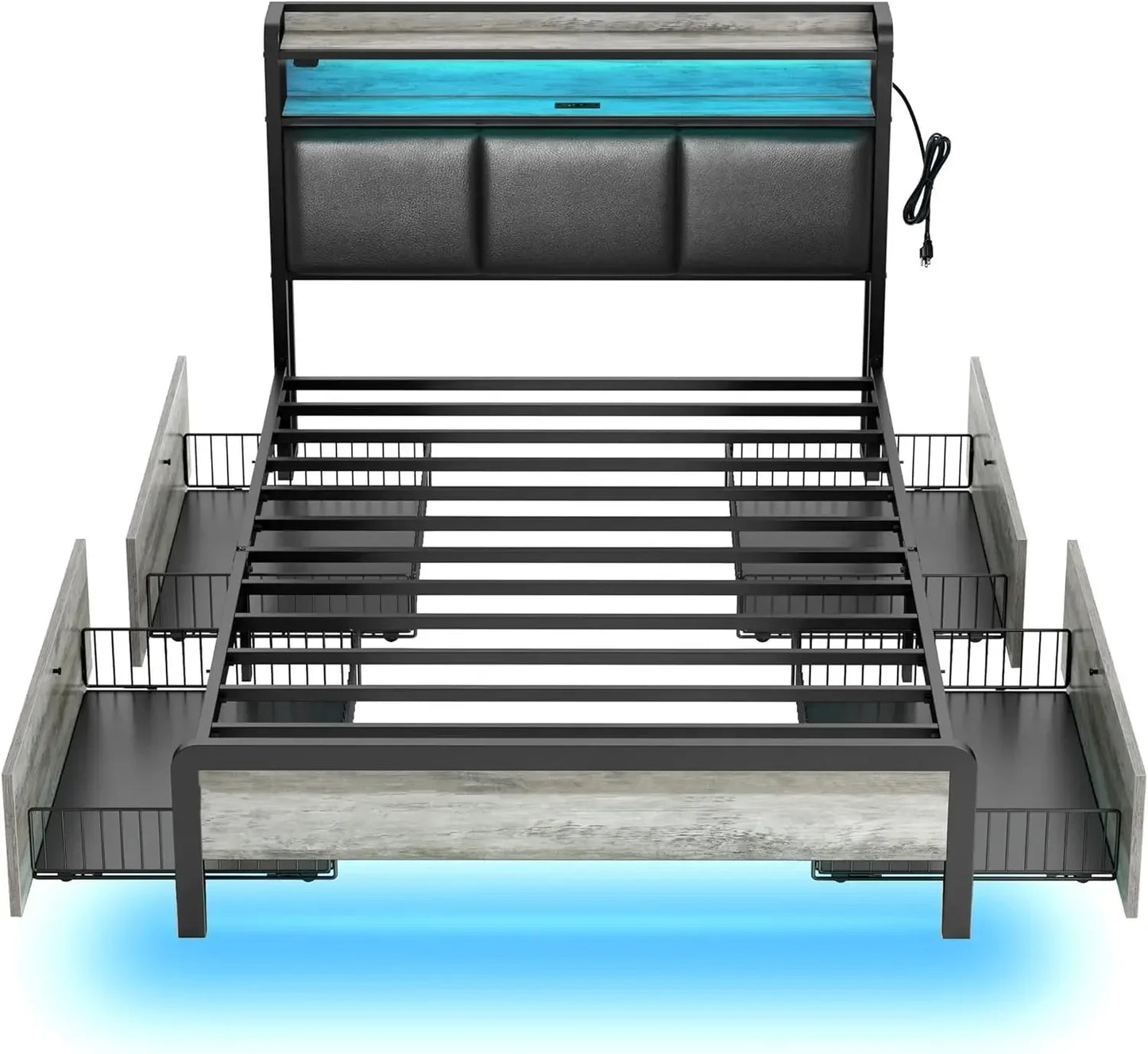 Bed Frame Twin Size with Bookcase Storage Headboard, Slide Out Bedside Storage, Bed with Charging Station & LED Lights