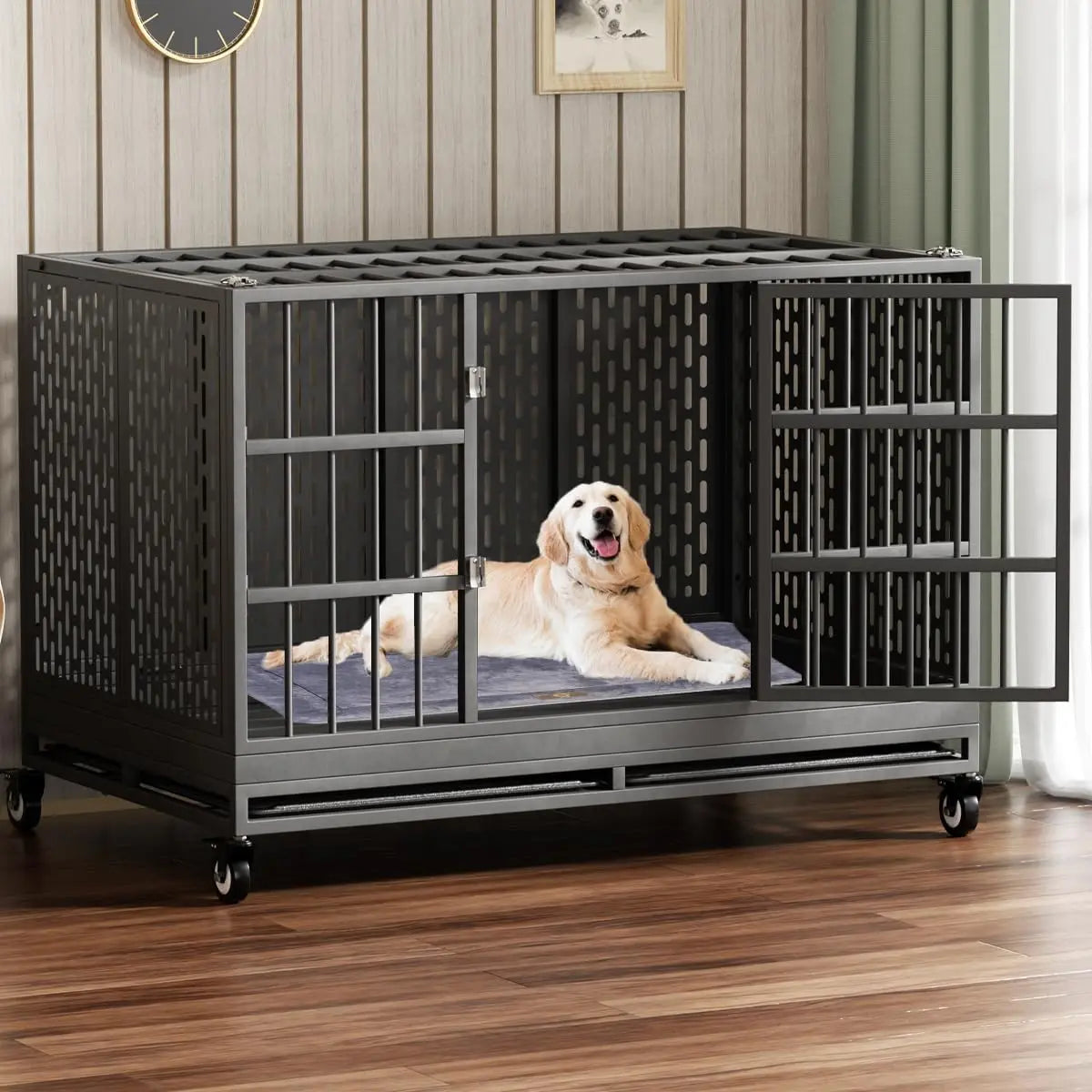 42/38 Inch Heavy Duty Dog Crate with Wheels, Folding Metal Big Dog Cage for Large and Medium Dogs, Indestructible Dog Crate