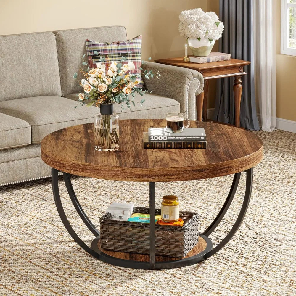 Round Coffee Table, 31.7" Wooden 2-Tier Circle Coffee Table with Storage Shelves, Modern Accent Cocktail Table Center Table