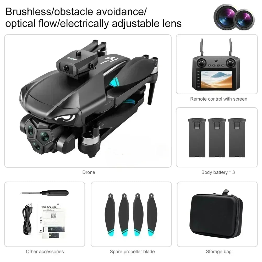 M33MAX RC Drone 4K Professinal with Wide Angle Triple HD Camera Foldable RC Helicopter Brushless Motor WIFI FPV Screen Drone Toy