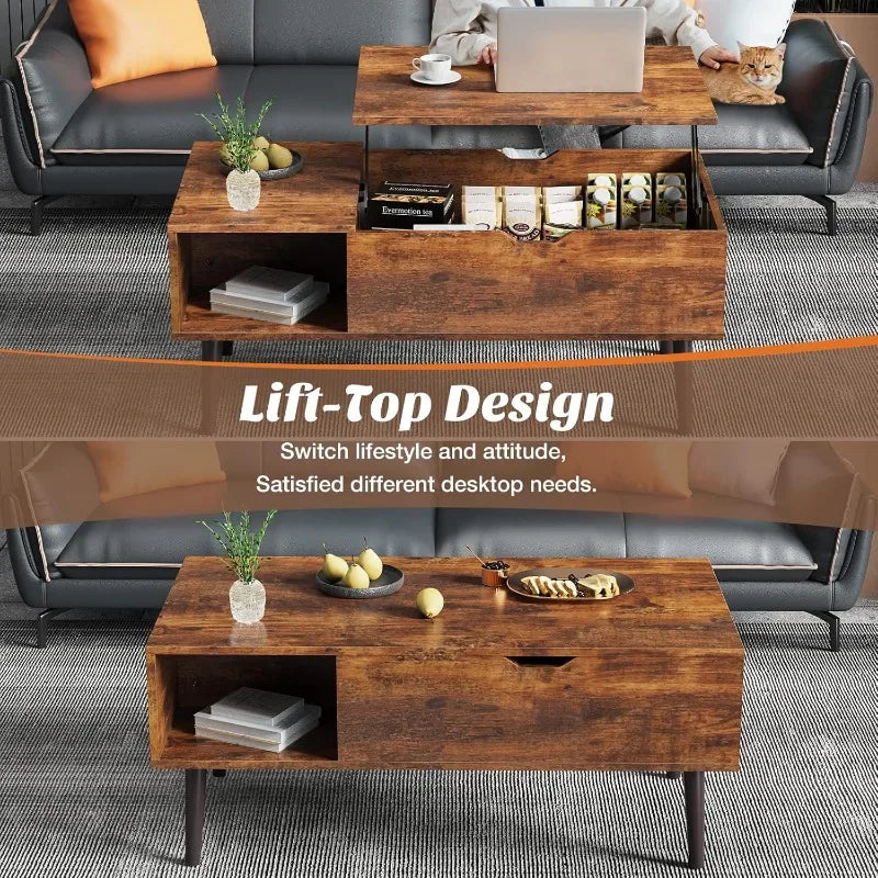 Coffee table, living room lift coffee table with storage shelf and hidden compartment, brown