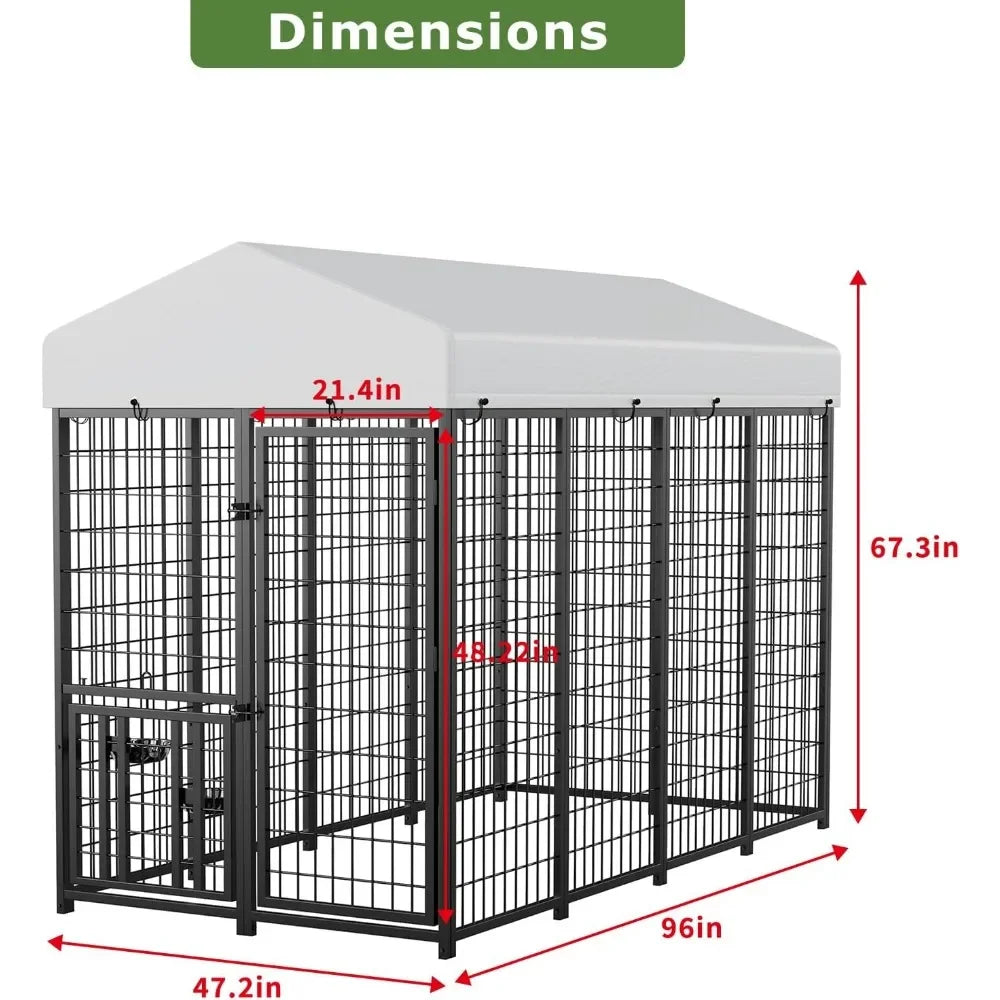 Dog Kennel Outdoor Pet Pens Dogs Run Enclosure Animal Hutch Metal Coop Fence with Roof Cover, Dogs Playpen