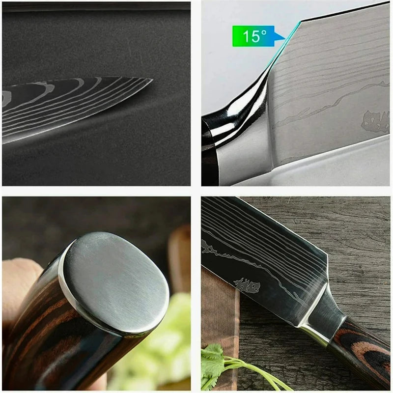 PLYS Kitchen Knife Set Damascus Pattern Laser Engraved Stainless Steel Sharp Japanese Chef's Knife