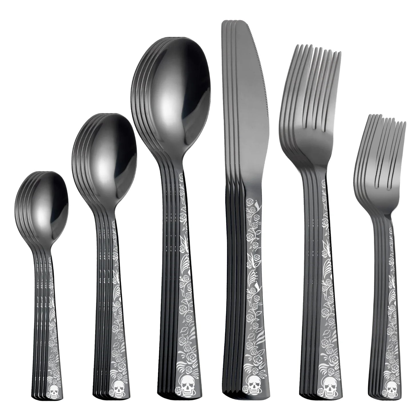 4/5/6/24/30/36 Pieces Forks Knives Spoons Dinnerware Tableware Dinner Set Skull Pattern Silver Cutlery for Banquet Restaurant
