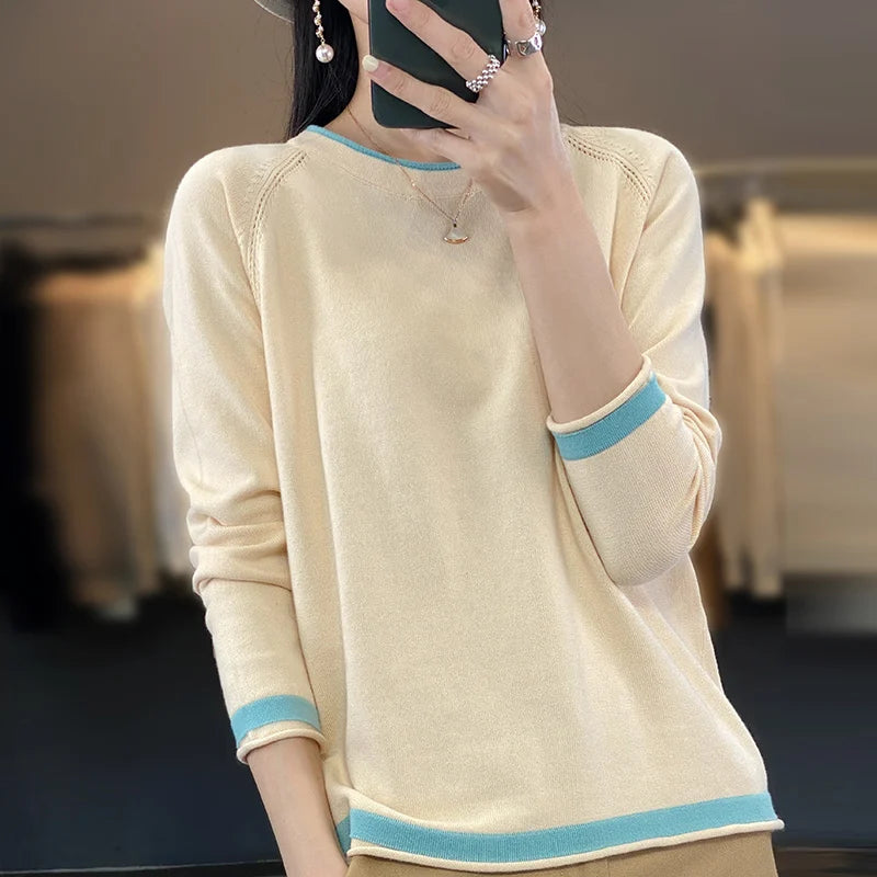 100% Cotton Knitwear Women's Round Neck Sweater Spring And Summer New Loose Color Matching Cotton And Linen Bottoming Shirt