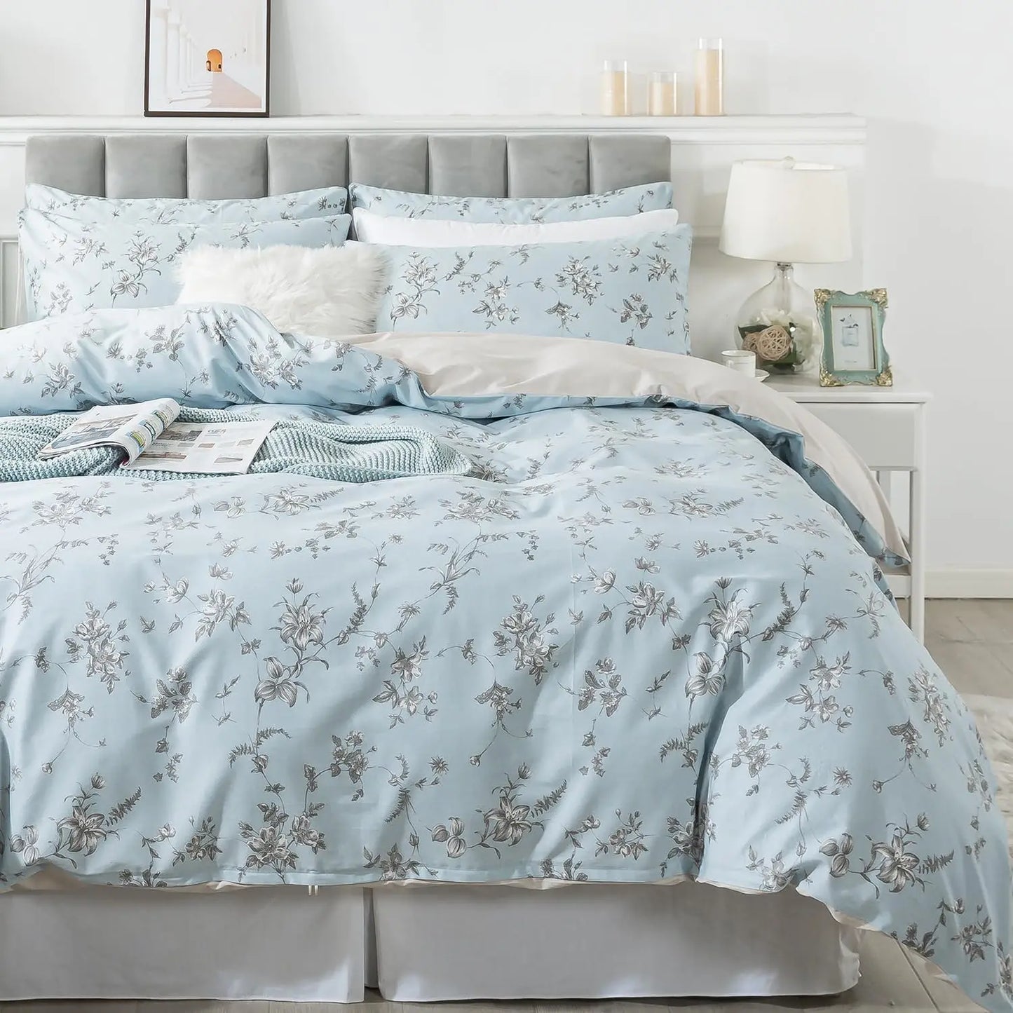 Floral Duvet Cover Queen 100% Cotton Blue Green Farmhouse Bedding Super Soft Reversible Striped Country Bed Purple Hydrangea