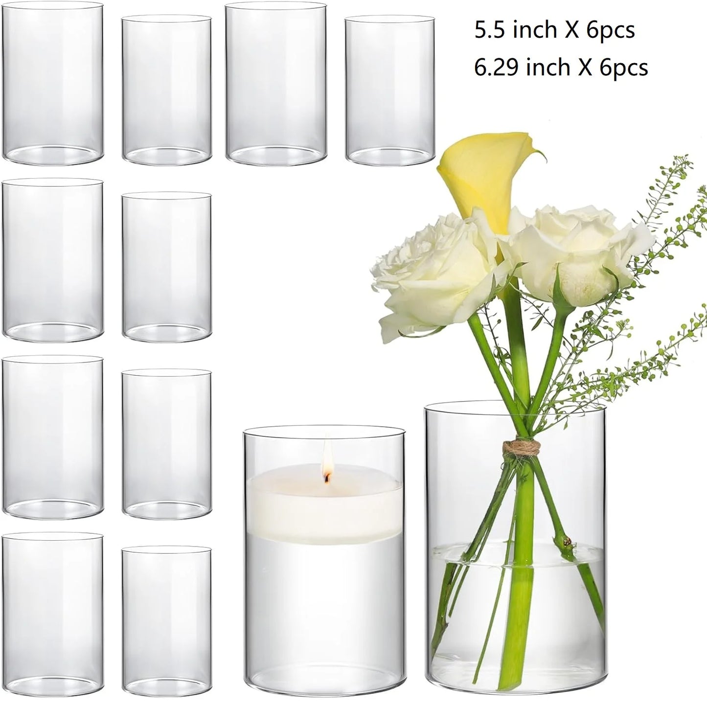 6/12 pcs Glass Cylinder Vases Clear Flower Vase Glass Hurricane Floating Candle Holder for Table Centerpiece Wedding Home Decor