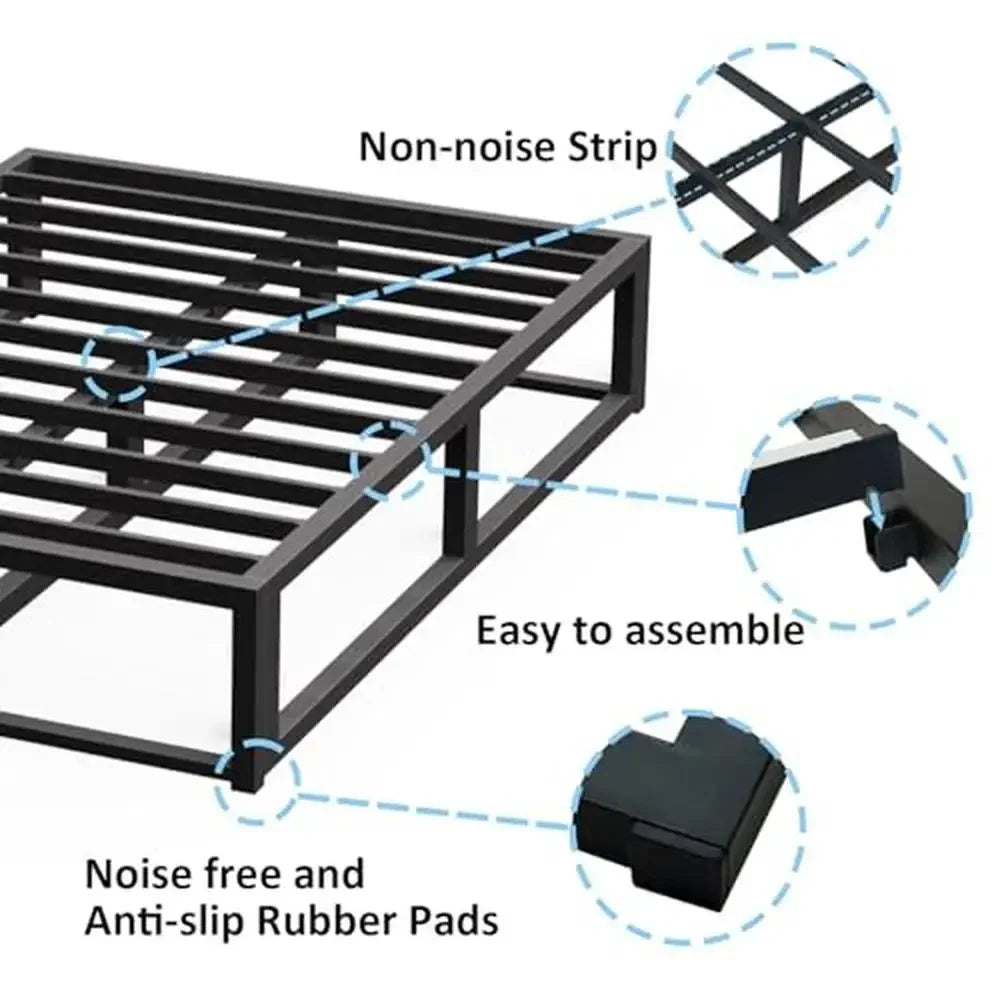 10 Inch Steel Slat Queen Bed Frame Strong Metal Platform Mattress Foundation Anti-Skid Queen Size Bedframe Easy Assembly Black