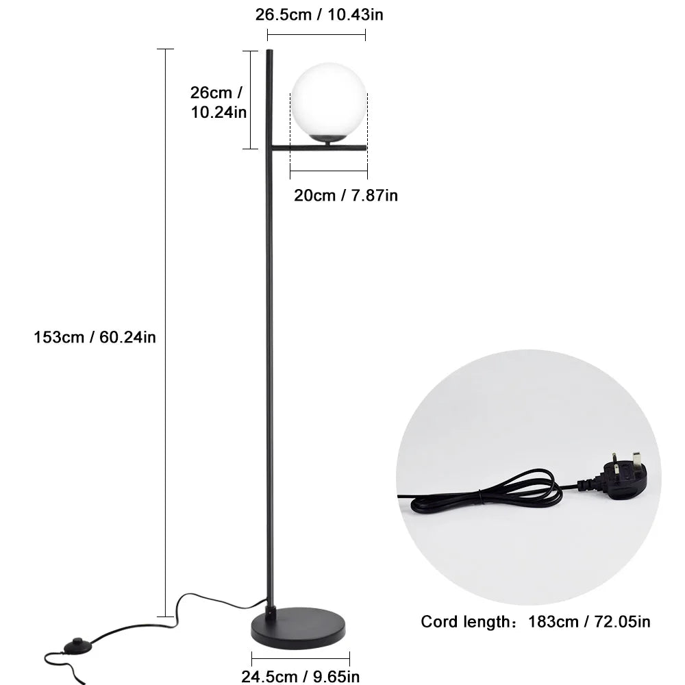 Depuley Modern Frosted Glass Globe LED Floor Lamp Pole Standing Lamp for Bedroom Living Room Energy Saving Luminaire Black 9W