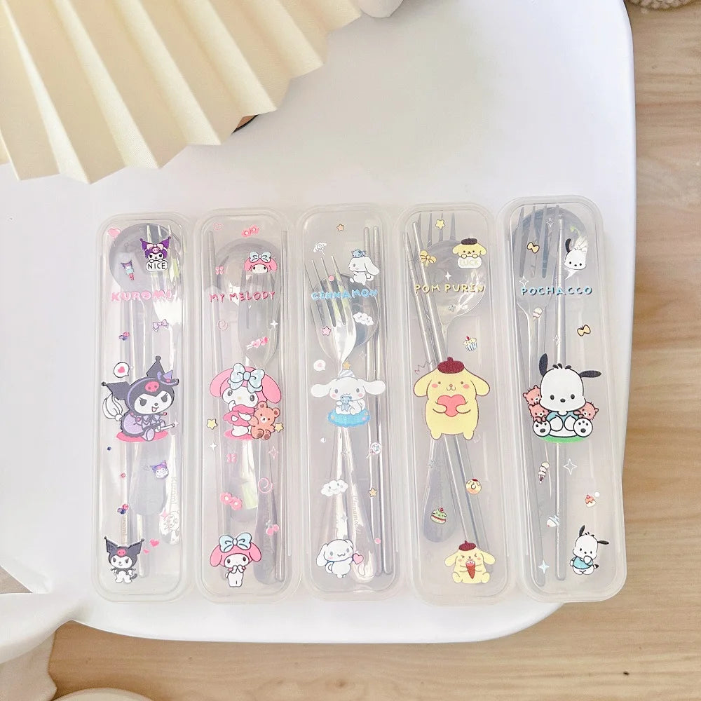 Sanrio Cutlery Set Mymelody Kuromi Kawaii Spoon Fork Chopstick Tableware Set Portable Dinnerware for Kid Anime Flatware with Box