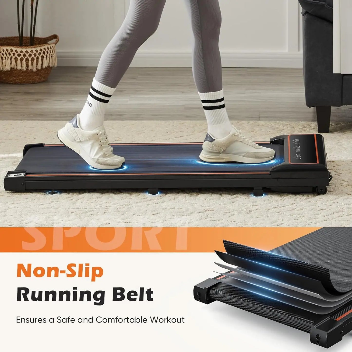 Compact Armless Treadmill for Small Spaces, Quiet Under-Desk Walking Pad, Slim & Portable Design for Home Office Workouts, Easy