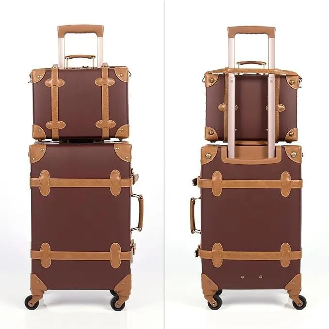 Urecity Vintage Luggage Set Of 2, Retro Suitcase Trunk With Wheels For Men And Women, Cute Designer Travel Luggage Set With