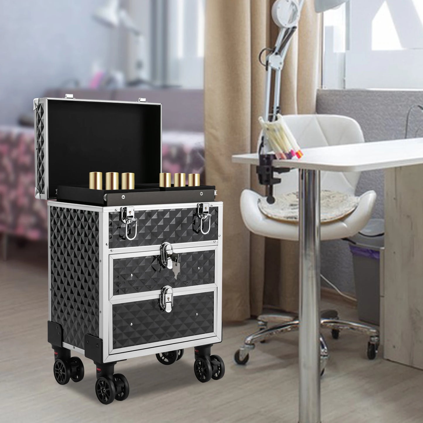 Professional Rolling Makeup Case Large Capacity Aluminum Trolley Case Portable Multifunctional Makeup Case with Drawers