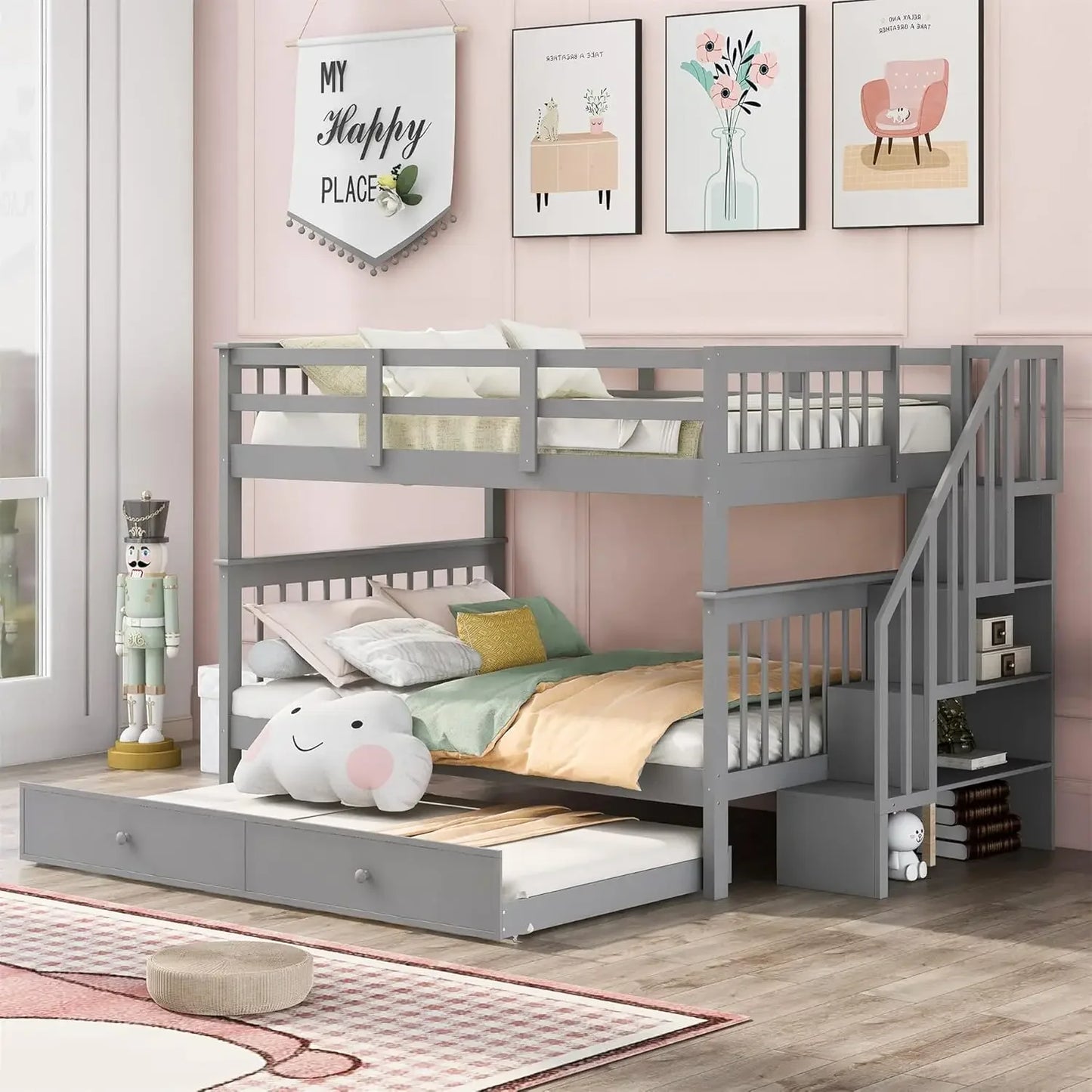 Full Over Full Bunk Bed with Trundle & Stairs, Wooden Full Size Bunk Bed Frame with Storage,for Kids Teens Adults