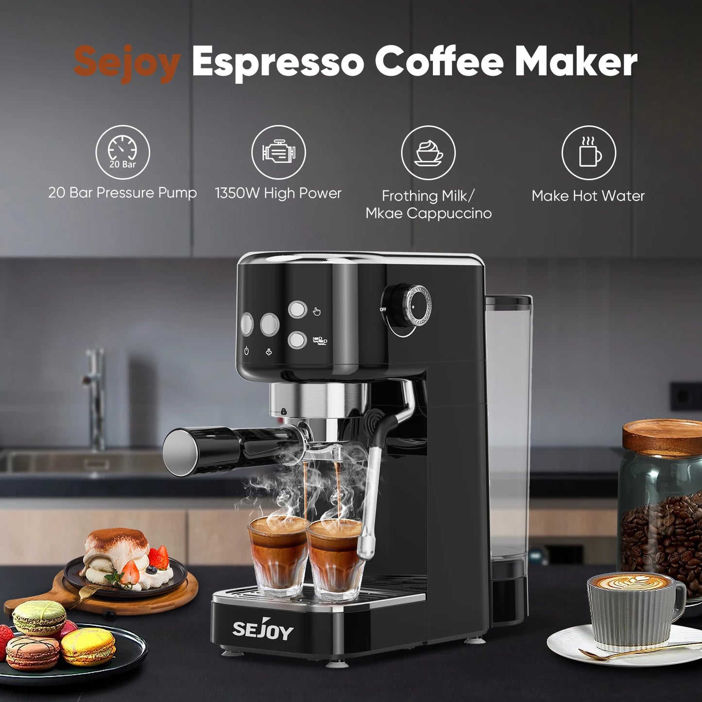 Sejoy 110V Espresso Coffee Machine 2in1 Semi-automatic Concentrated Ground Coffee Cafeteria 20Bar for Milk Foam Household Office