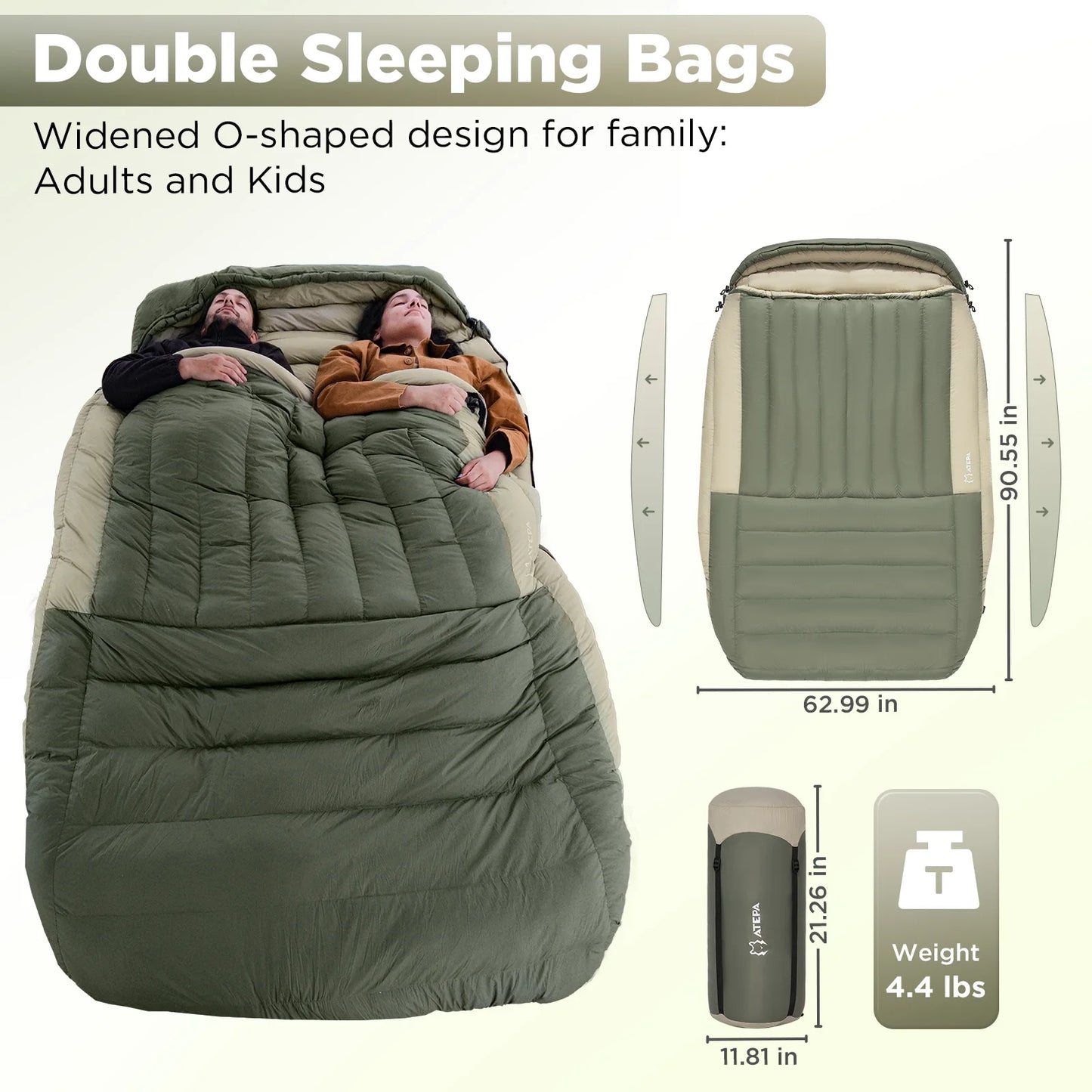 ATEPA Double down sleeping bag, backpack couple family camping, high quality white duck down 90%, warm and widened