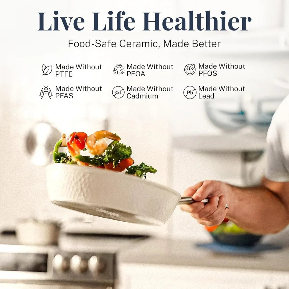 Hammered 15 Pc Ceramic Pots and Pans Set Non Stick Pots and Pan Set Dishwasher Safe Cream White Cookware Kitchen Dining Bar Home