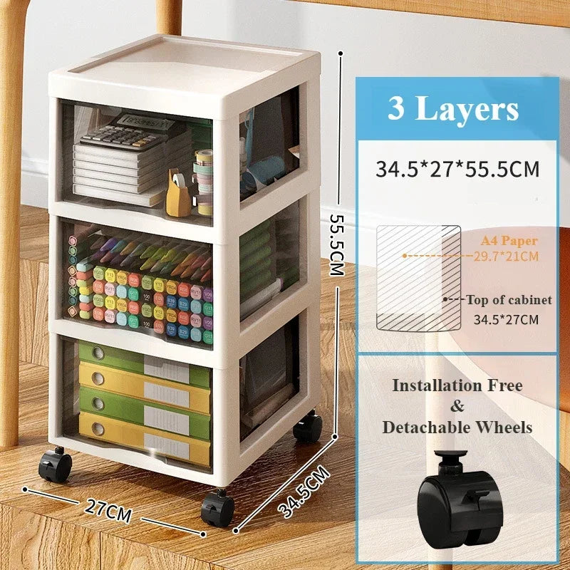 Plastic Storage Cabinet with Wheels Movable Big Capacity A Living Room Convenient Lockers Vertical Multilayer Transparent Shelf