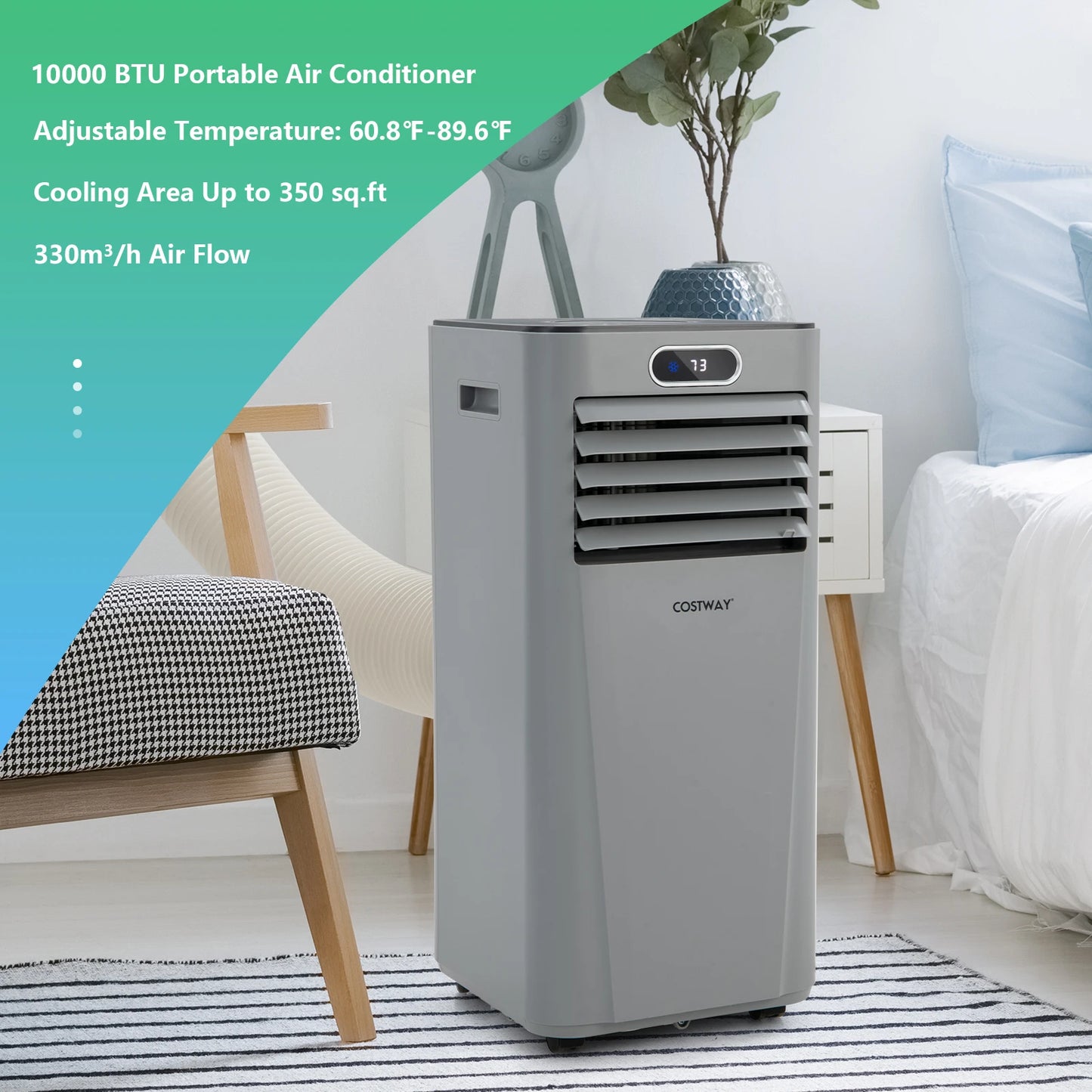 10000 BTU Portable Air Conditioner w/ Remote Control 3-in-1 Air Cooler w/ Drying