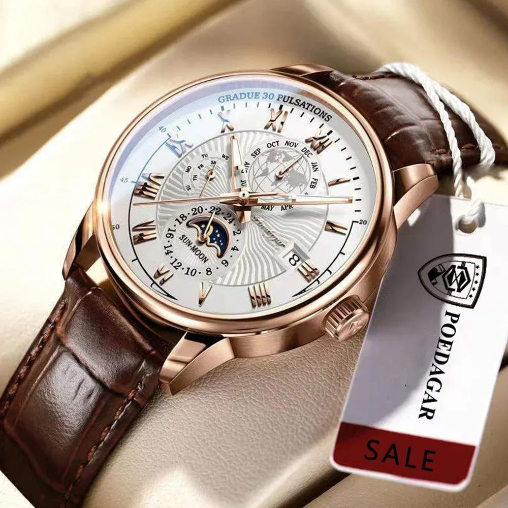 Luxury Man Watch Waterproof Chronograph Moon Phase Pattern Luminous Men's Wristwatch Leather Men Quartz Watches Casual Clock