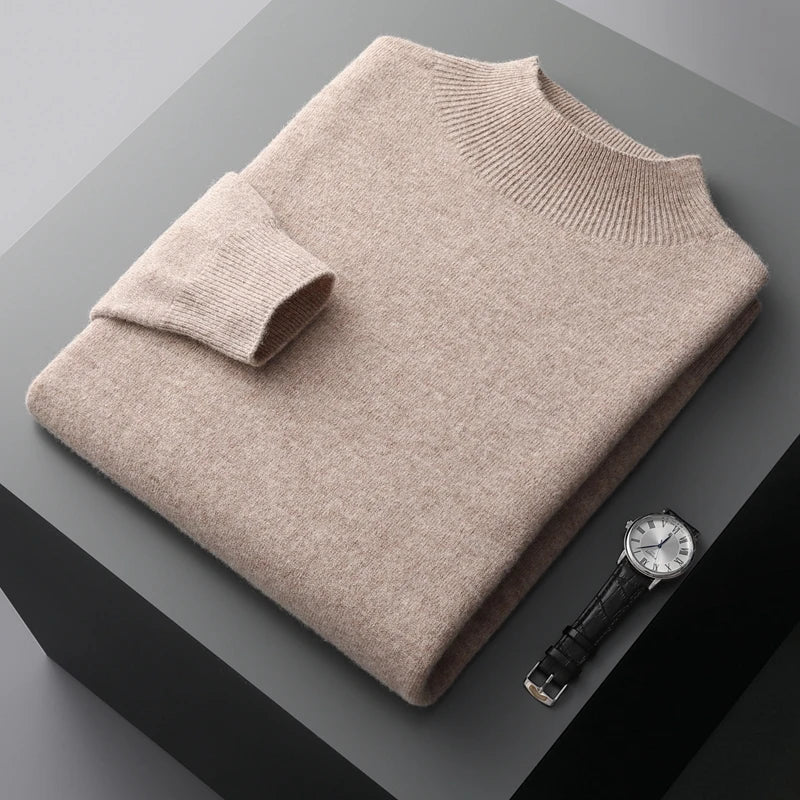 New Men's 100% Merino Wool Mock Neck Pullover Cashmere Sweater Soft Warm Jumpers Quality Casual Smart Knitwear Basic Tops Clothi