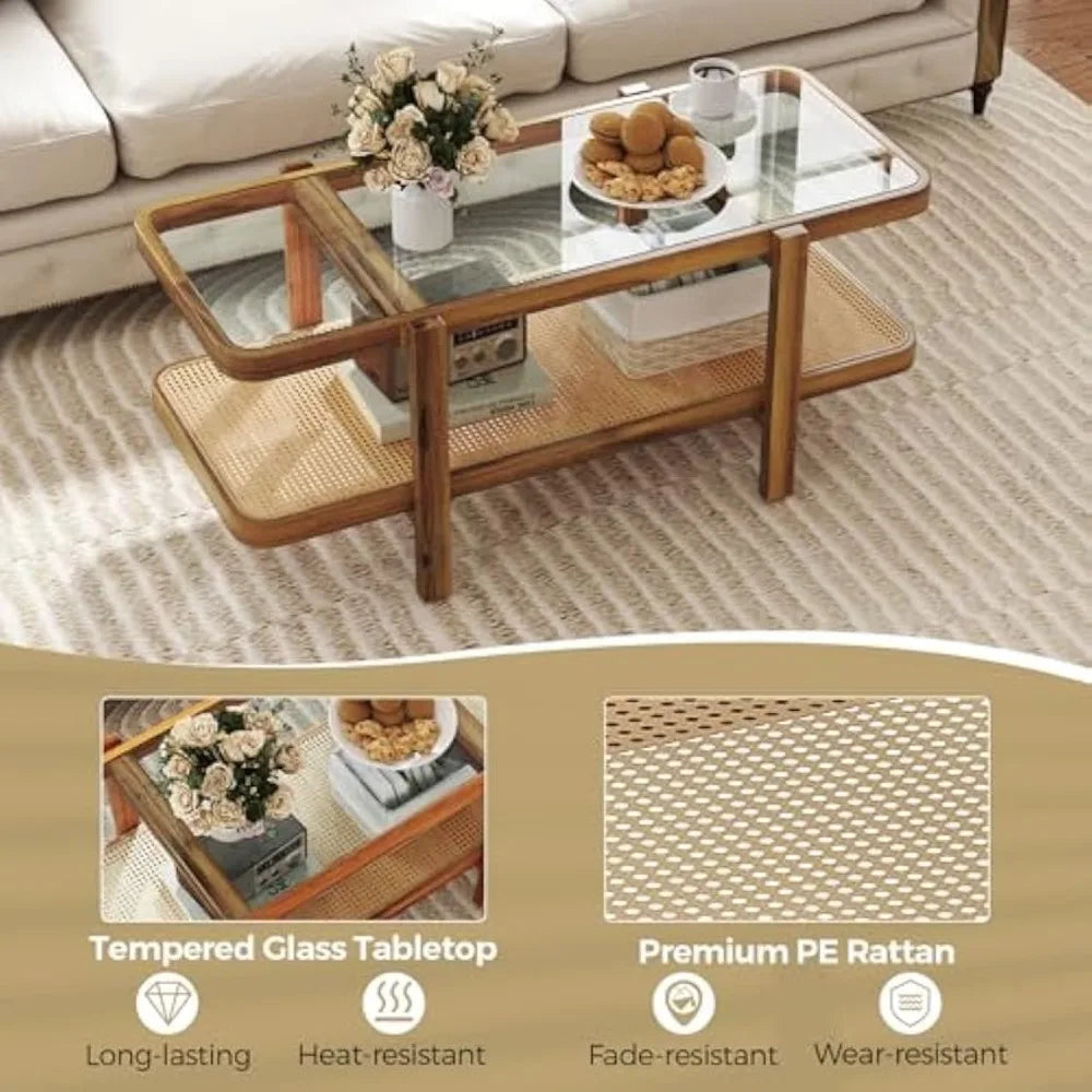 Rattan Coffee Table 47.5" Rectangle Solid Wood Tea Table W/Tempered Glass Tabletop & PE Rattan Storage Shelf