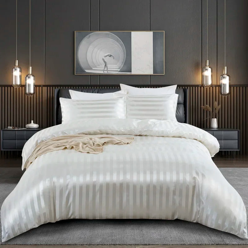 Satin Striped Duvet Cover Twin/Full/Queen/King/Single/Double Size Set, Luxury Silky Like Khaki Stripe Duvet Cover Bedding Set