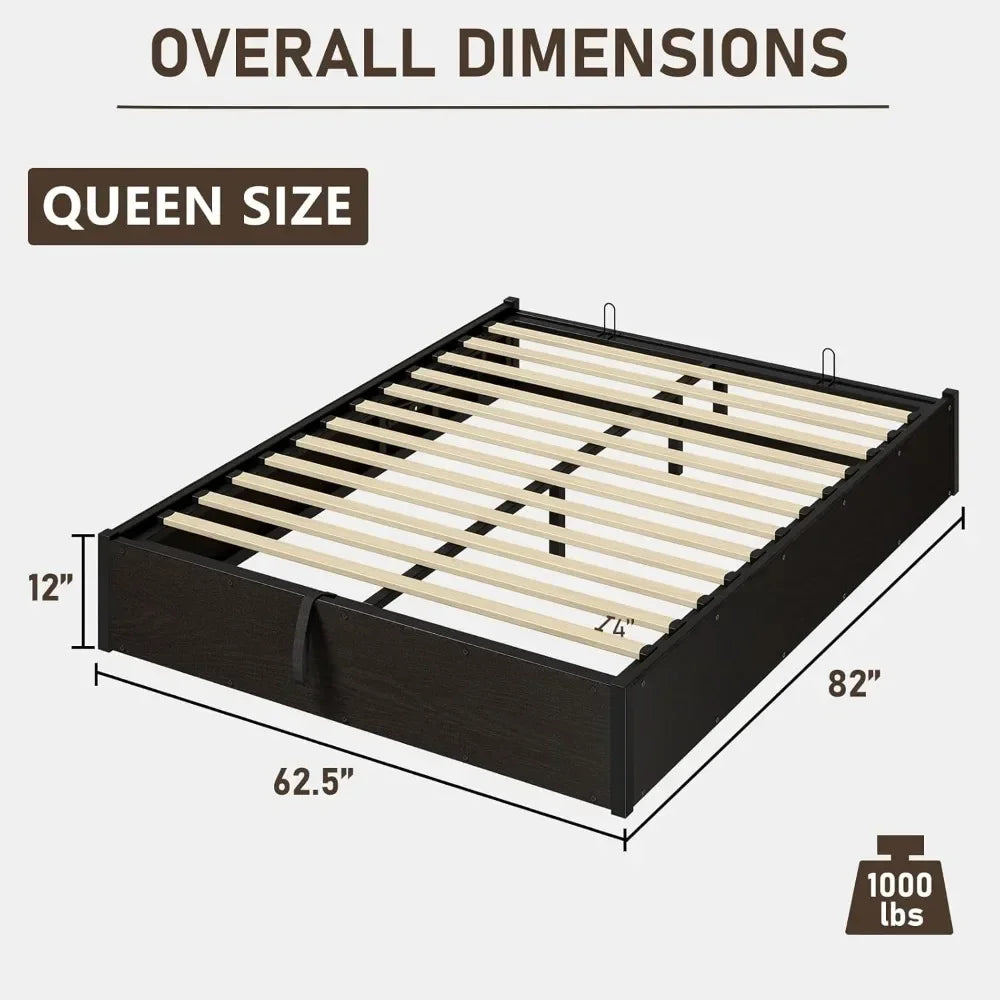 Bed Frame Queen Size Lift Up Storage Platform , Metal Bed Frame Wooden Slats Support, No Box Spring Needed, Large Storage Space