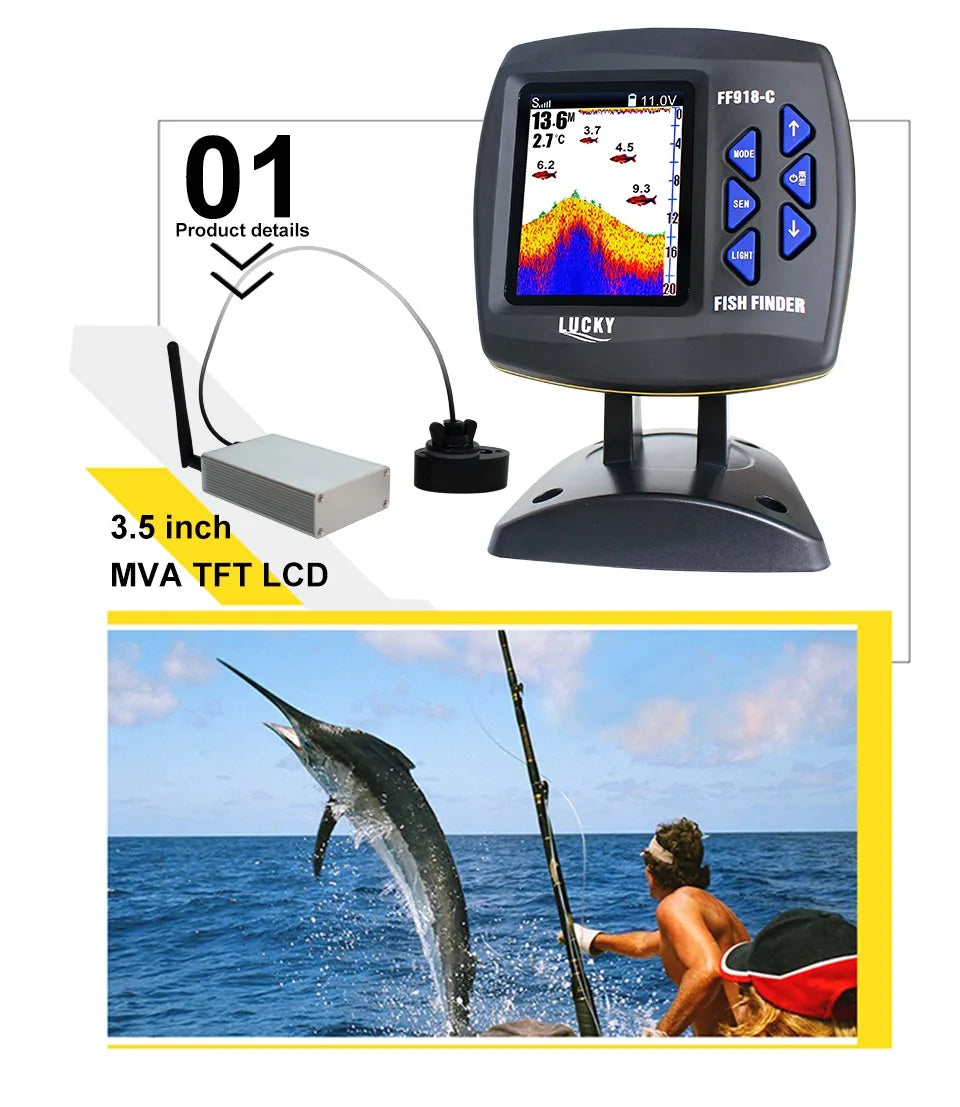 FF918CWLS Wireless Operation Echo Detecting Fish Finder 980 Feet Operating Range 45 Degrees Detecting Camera Detector