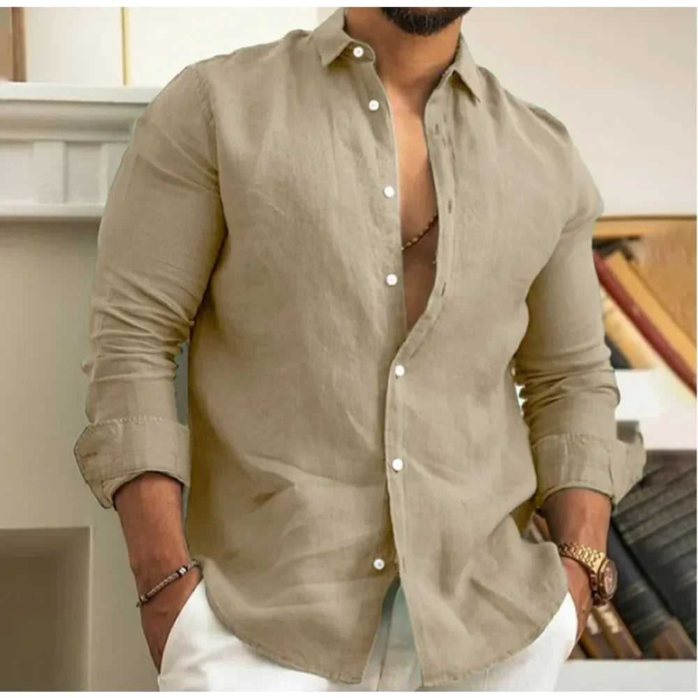 Men's Summer Beach Shirt Linen Button Up Long Sleeve Plain Lapel Spring & Summer Casual Daily Clothing