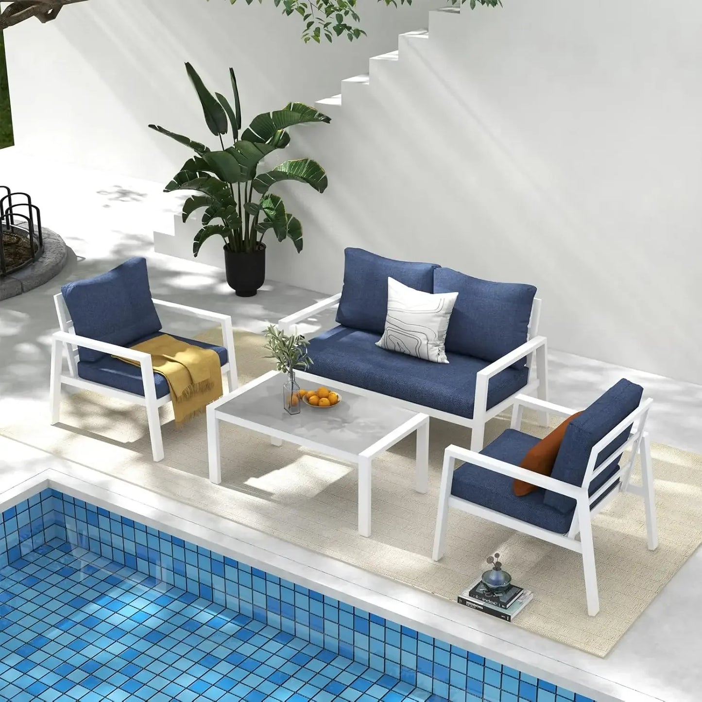 4-Piece Aluminum Outdoor Patio Furniture, Patio Conversation Sofa Set with Removable Cushions, Tempered Glass Top Coffee Table