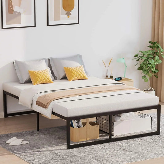Elephance Queen Bed Frame With Storage Space 16 Inch Black Bedframe No Box Spring Needed Metal Platform With Heavy Duty Steel