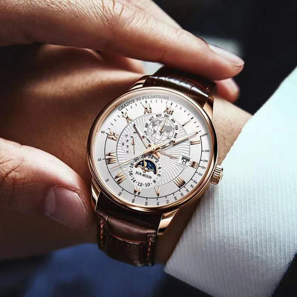 Luxury Man Watch Waterproof Chronograph Moon Phase Pattern Luminous Men's Wristwatch Leather Men Quartz Watches Casual Clock