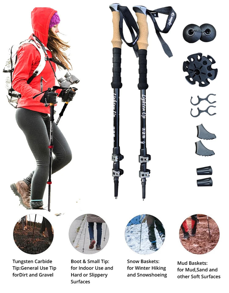 2Pcs Ultra-light Trekking Poles Telescopic Folding Poles Mountaineering Staffs Aluminum Alloy Cork Auxiliary Walking Sticks