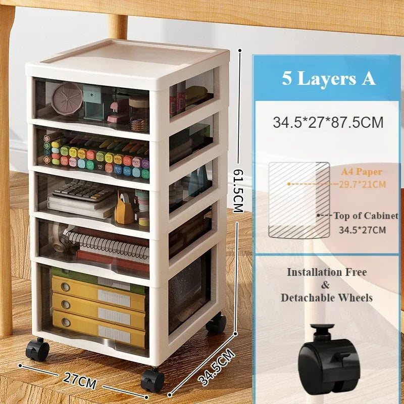 Plastic Storage Cabinet with Wheels Movable Big Capacity A Living Room Convenient Lockers Vertical Multilayer Transparent Shelf