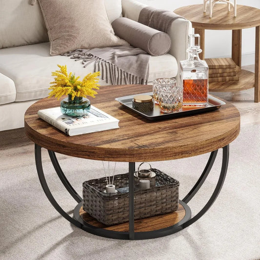 Round Coffee Table, 31.7" Wooden 2-Tier Circle Coffee Table with Storage Shelves, Modern Accent Cocktail Table Center Table