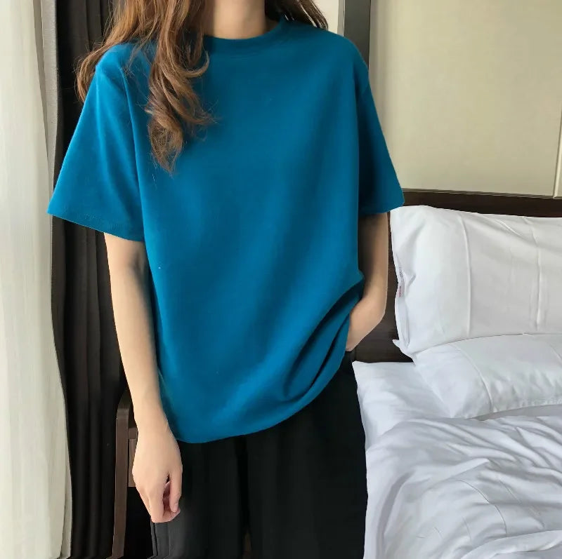 White short sleeve T-shirt women's summer 2023 loose simple cotton T-shirt round neck with five-point top trend