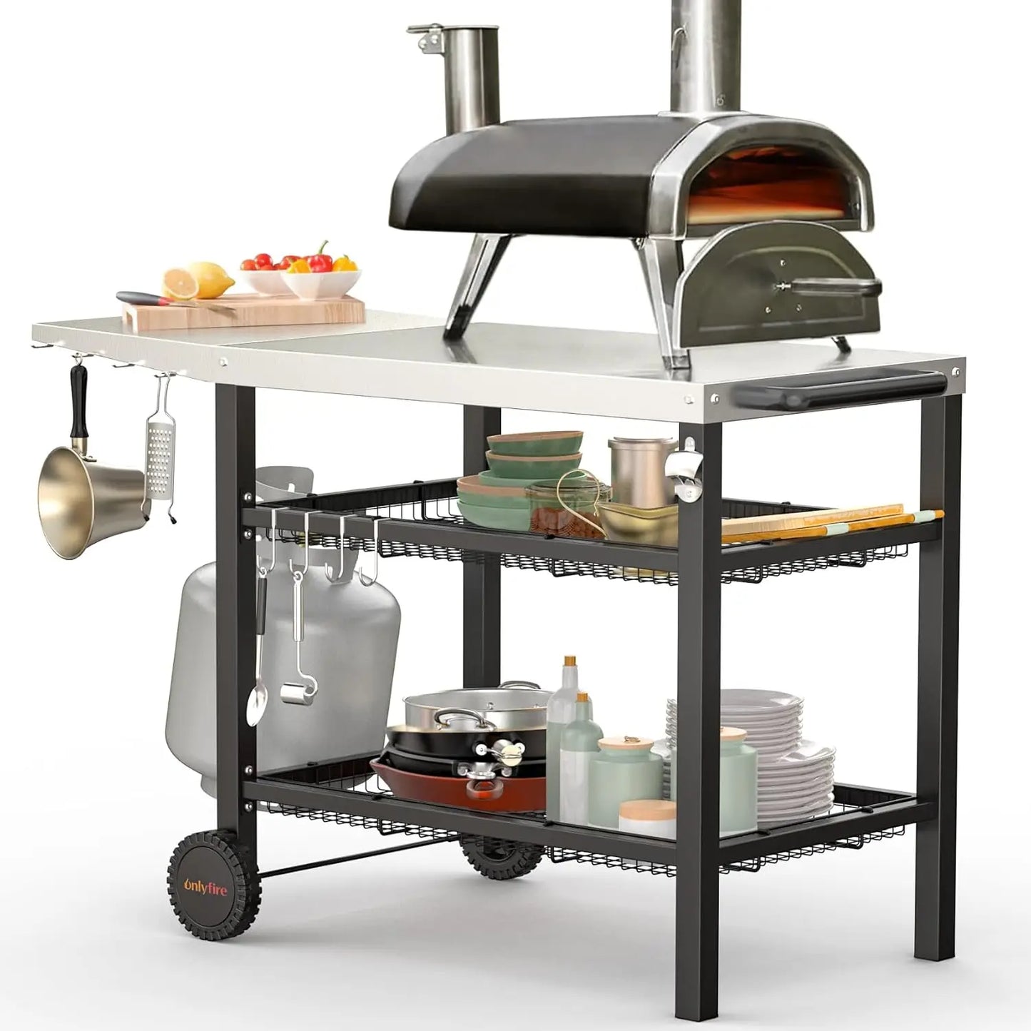 Outdoor Grill Cart Table for Blackstone Griddle and  Pizza Oven, 3-Shelf Food Prep Table Patio Kitchen Island with
