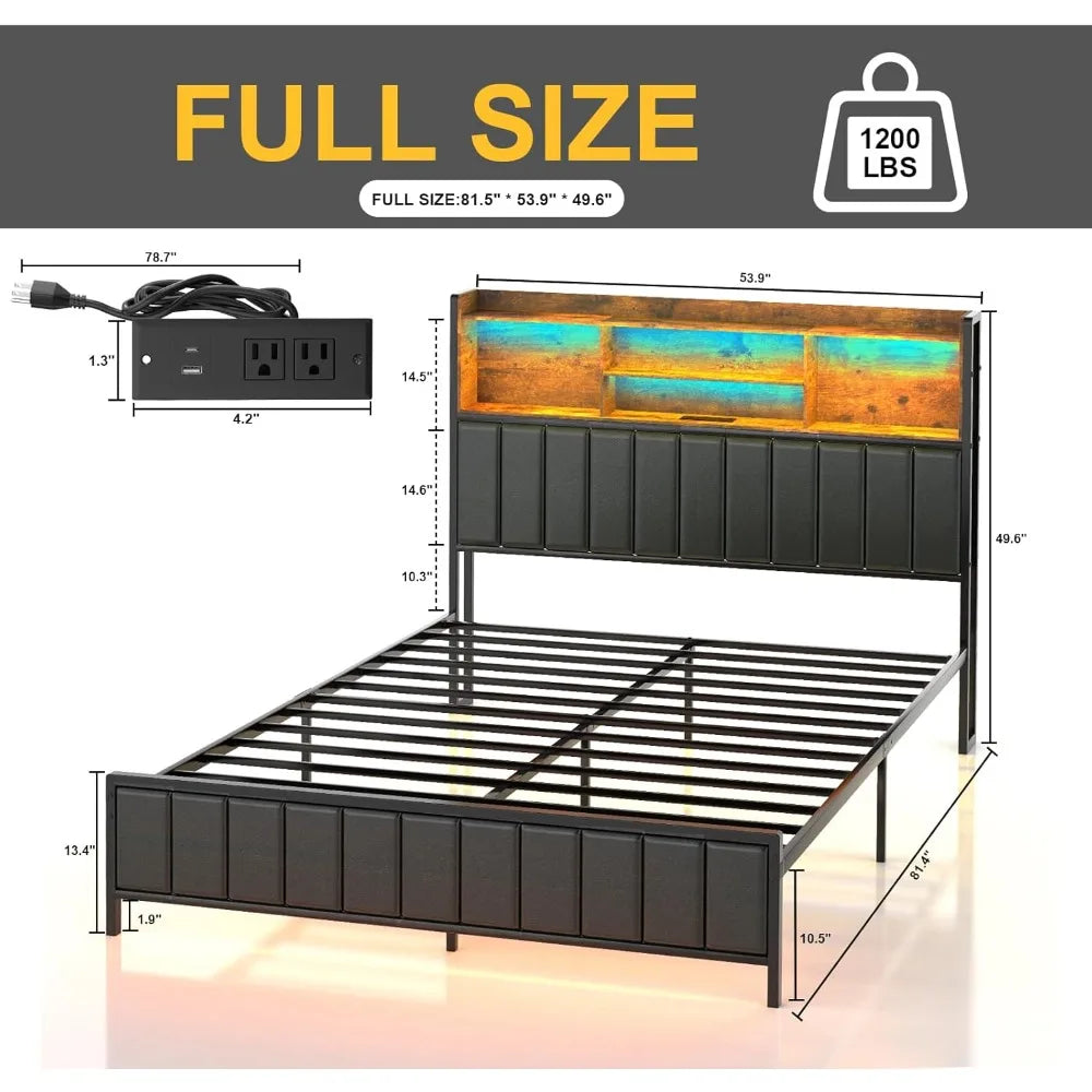 Bed Frame with Storage Upholstered Shelves Headboard, Outlets with Charging Ports and Colorful LED Lights