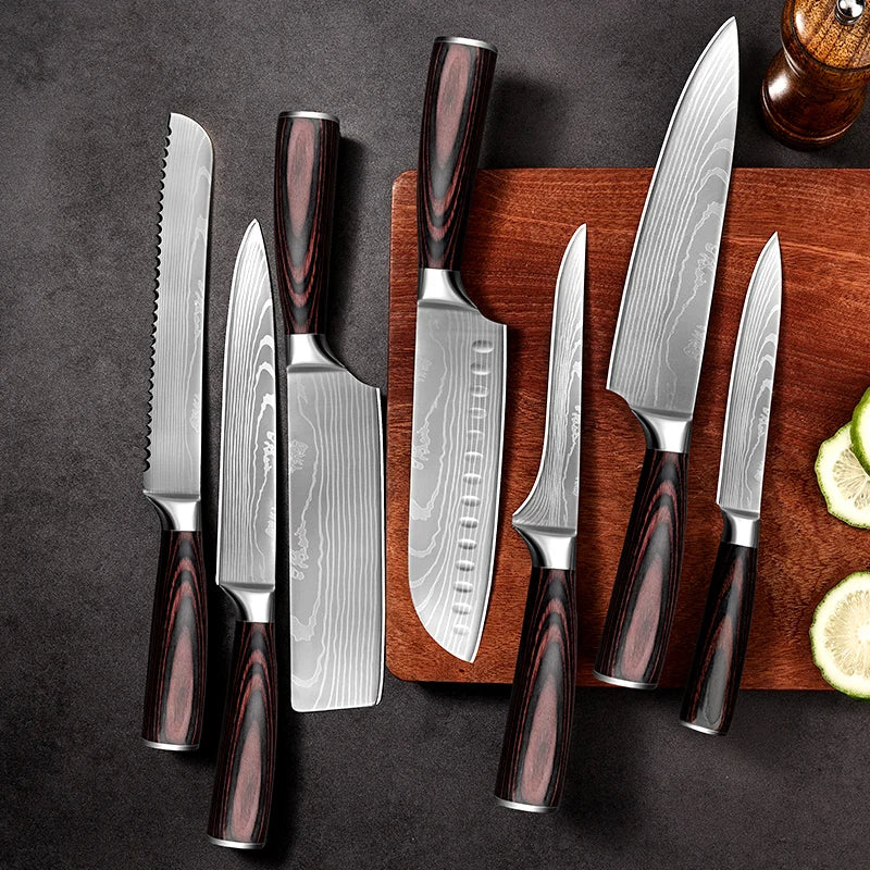 PLYS Kitchen Knife Set Damascus Pattern Laser Engraved Stainless Steel Sharp Japanese Chef's Knife