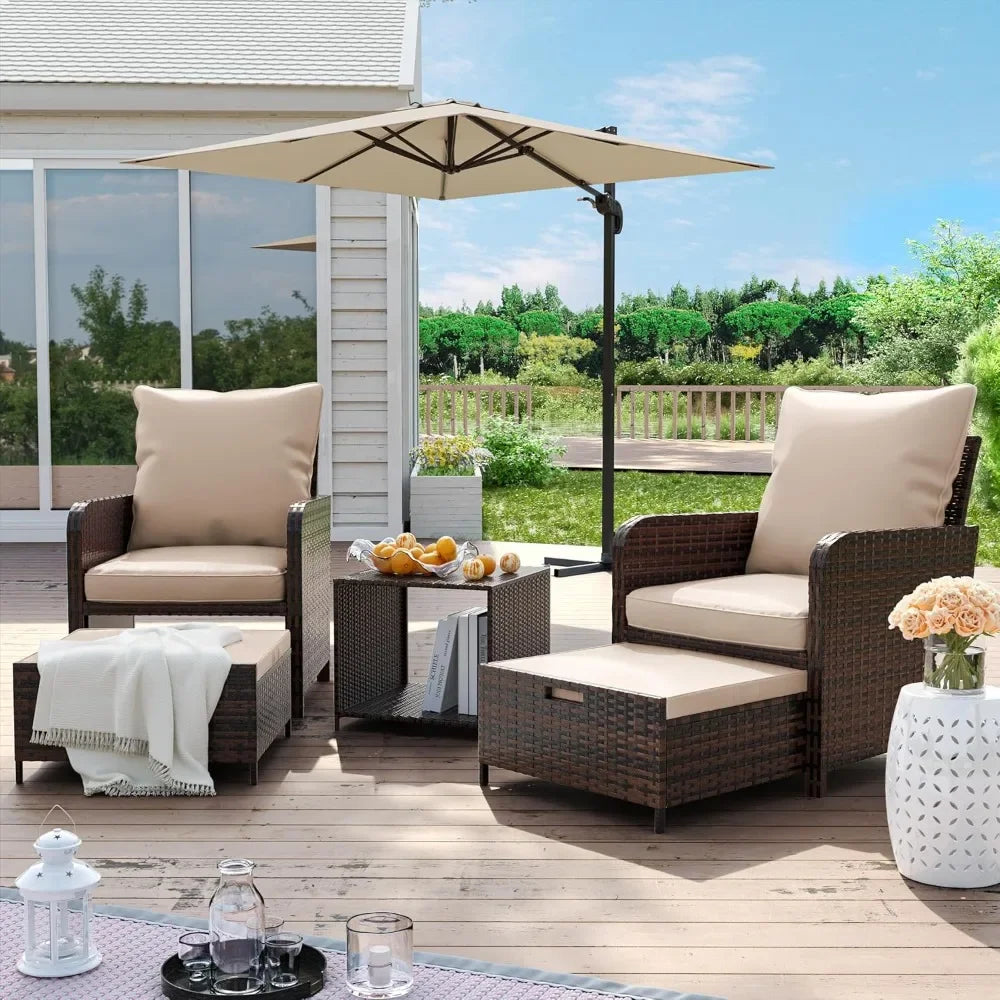 5 Pieces Patio Conversation Set All-Weather PE Rattan Outdoor Balcony Furniture Set, Patio Chair with Ottoman & Coffee Table