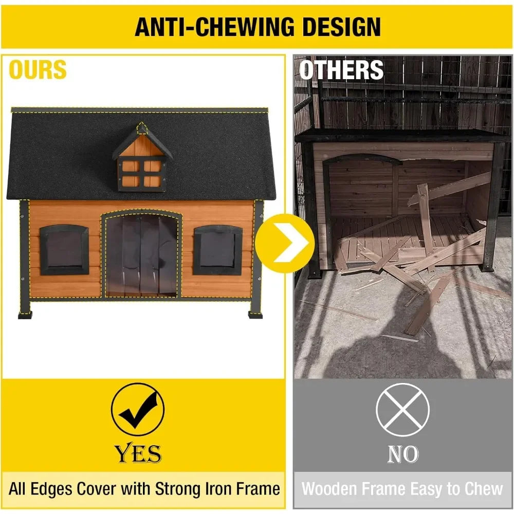Large Dog House Anti-Chewing Metal Frame Design Insulated Wooden Dog Kennel with Unique Design Roof, Weatherproof