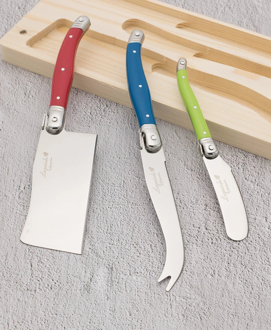 Laguiole Rainbow Cheese knives Set 3pcs Stainless steel Cheese Knife Butter Cutter Spreader in Wood Holder Kitchen Accessories