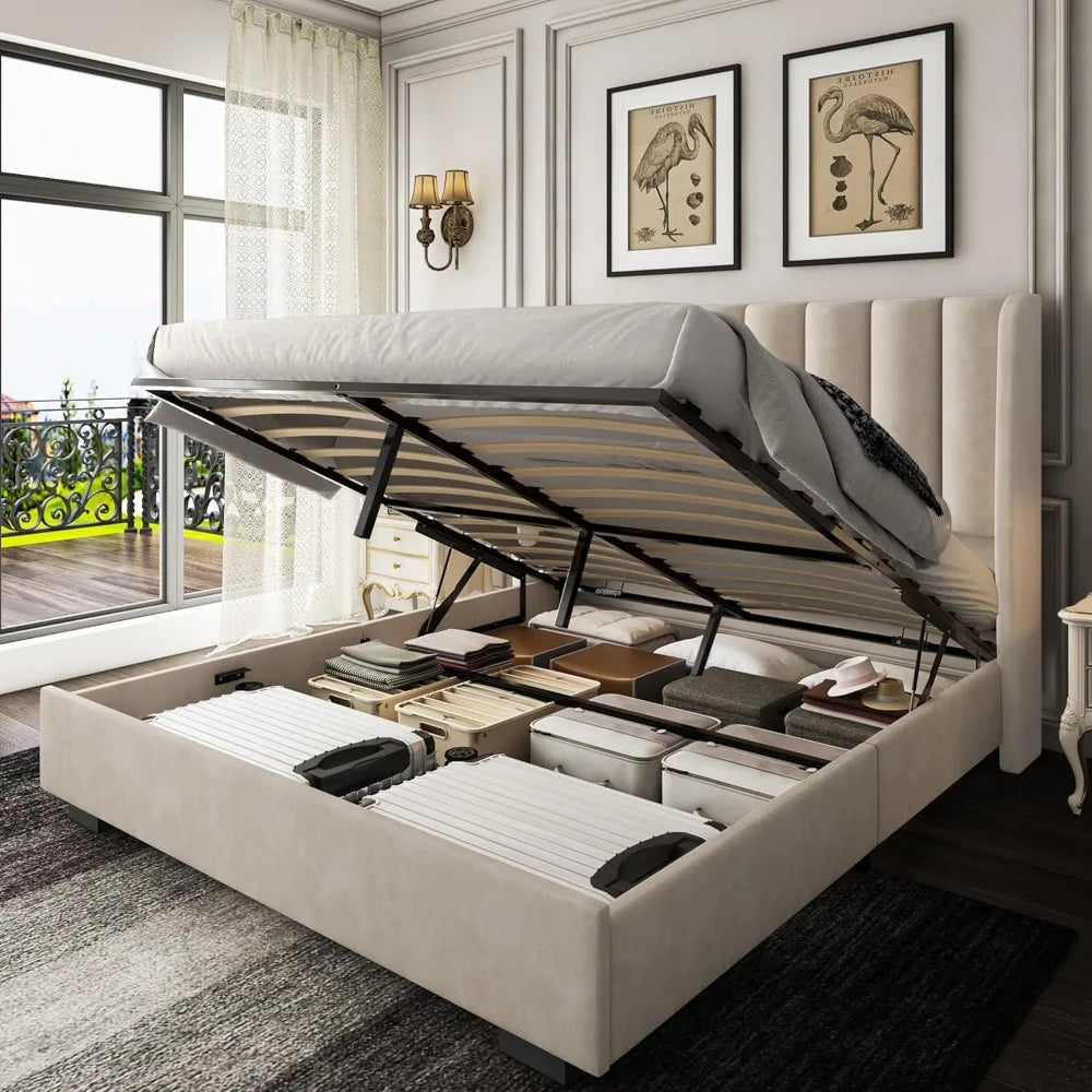Bed Frame with 51.2" Tall Headboard, Velvet Wingback Tufted Design, Wood Slats Support, No Box Spring Required, Noise-Free