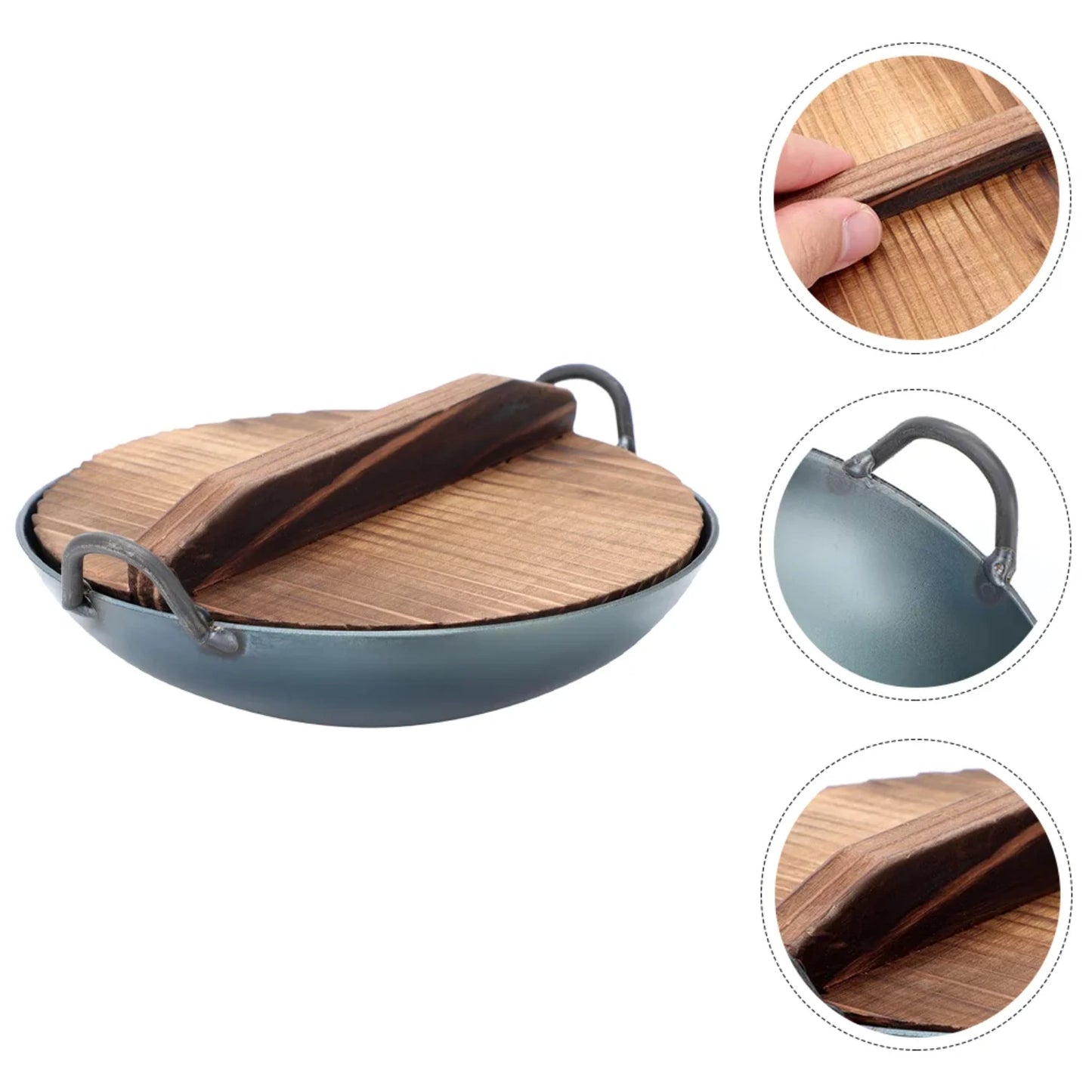 Non-Stick Decor Chinese Wok, Stir Fry Skillet with Wooden Lid and Double Ear, Everyday Mini Cookware Pan